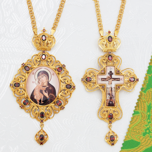 2.7.1591лп-2/1лп-К Архиерейский наперсный комплект латунный с красными камнями в позолоте